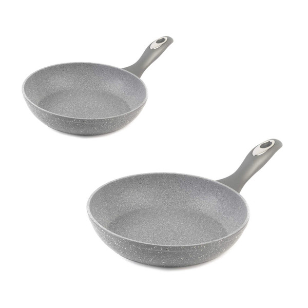 Set of two grey non-stick frying pans with speckled finish and ergonomic handles