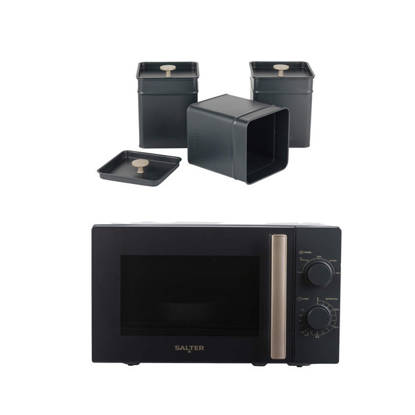 Salter black microwave with matching storage canisters, product listing image
