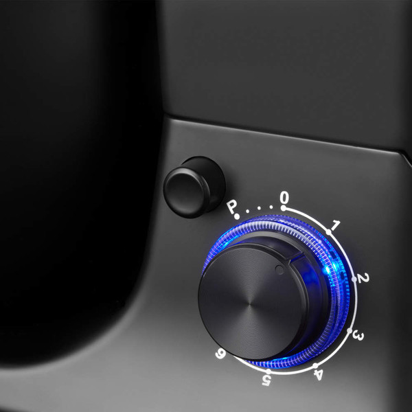 Close-up of a black control knob with blue LED light and numbered dial for appliance settings
