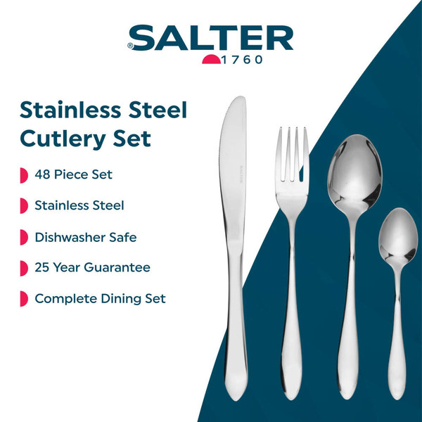 Stainless steel cutlery set with knife, fork, tablespoon and teaspoon shown. 48 pieces, dishwasher safe.