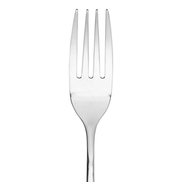Stainless steel dessert spoon, polished finish, shown from above on white background