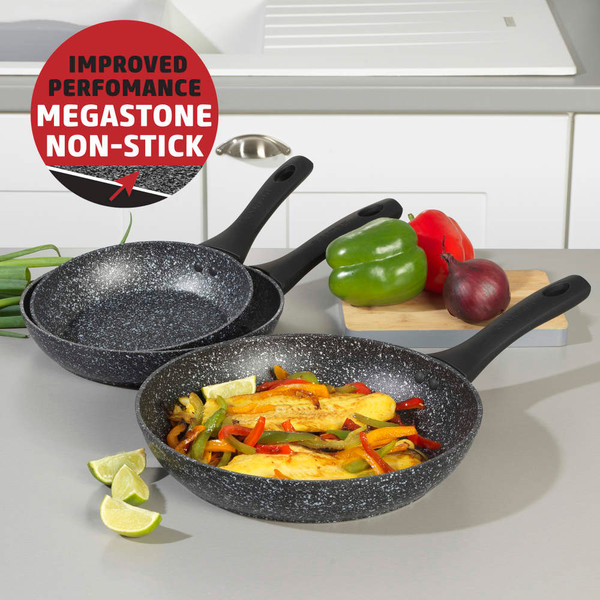 Salter Megastone 3 piece fry pan set packaging showing non-stick coating and utensil safe features