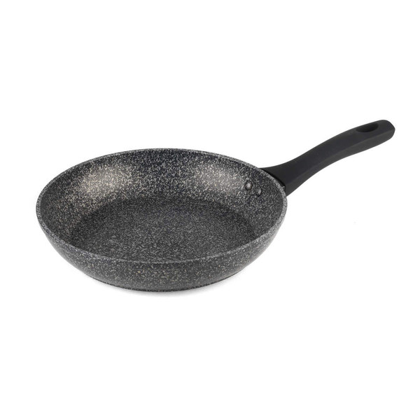Grey non-stick frying pan with black handle, shown from side angle