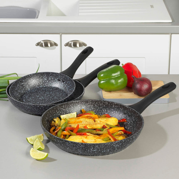 Grey non-stick frying pan with black handle, shown from side angle