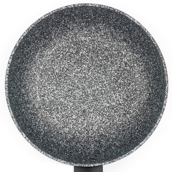 Set of two black and grey speckled frying pans, one with cooked fish and vegetables