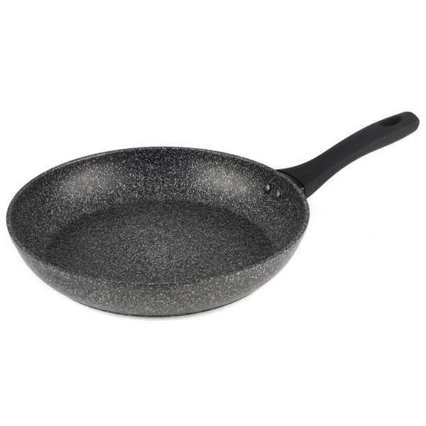 Black speckled non-stick frying pan with ergonomic handle, shown on white background