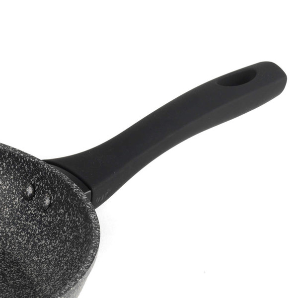 Grey speckled non-stick saucepan with black handle, partial side view