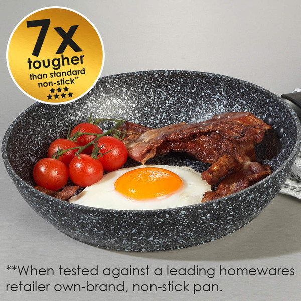 Non-stick speckled frying pan with cooked egg, bacon, and tomatoes, promotional badge.