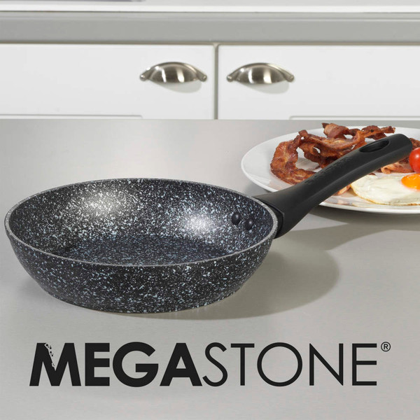 Non-stick speckled frying pan with cooked egg, bacon, and tomatoes, promotional badge.
