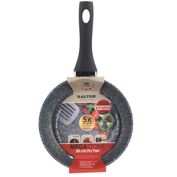 Salter non-stick frying pan, black speckled finish, shown from base with packaging.