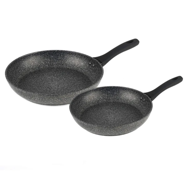 Set of two non-stick frying pans with black speckled finish and black handles.