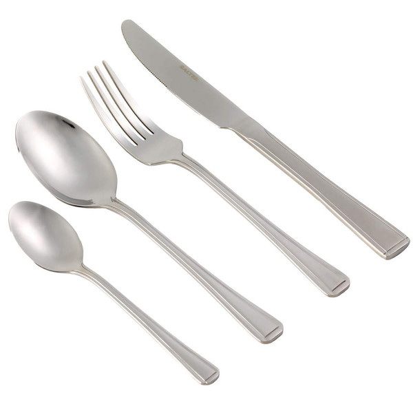Set of four stainless steel cutlery pieces: knife, fork, dessert spoon and teaspoon