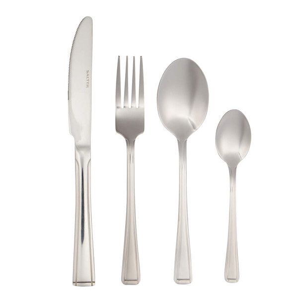 Set of four silver stainless steel cutlery pieces: knife, fork, tablespoon, teaspoon