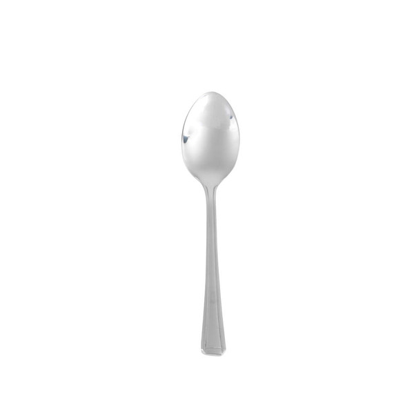 Stainless steel dessert spoon on white background