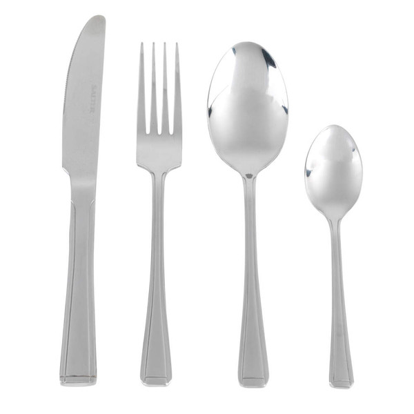Set of four stainless steel cutlery pieces: knife, fork, tablespoon, teaspoon.
