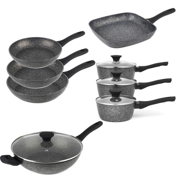 Set of speckled grey non-stick cookware including frying pans, saucepans with lids, wok and square grill pan.