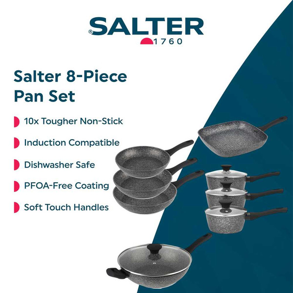 Salter 8-piece pan set with grey non-stick coating, soft-touch handles and glass lids.
