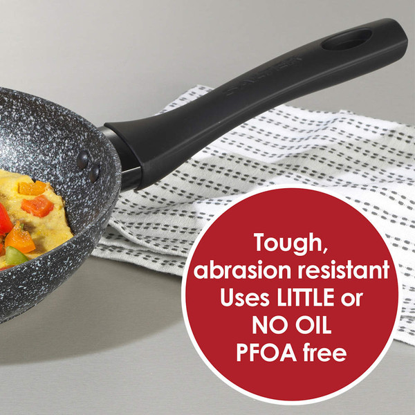 Small grey stone-effect frying pan with vegetables, banner: tough, abrasion resistant, low oil, PFOA free.