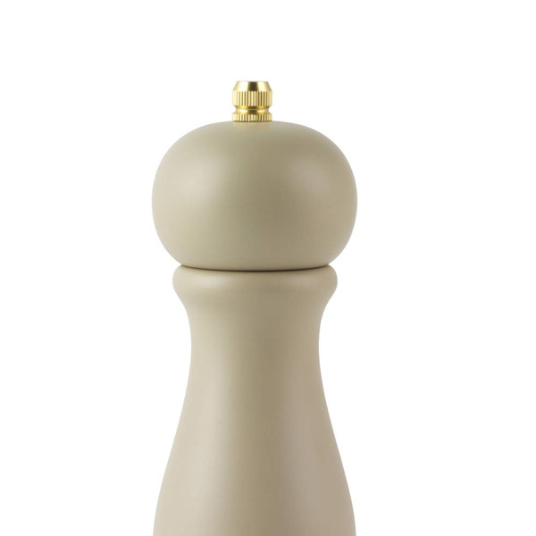 Matte beige pepper mill with gold knob, shown upright against white background