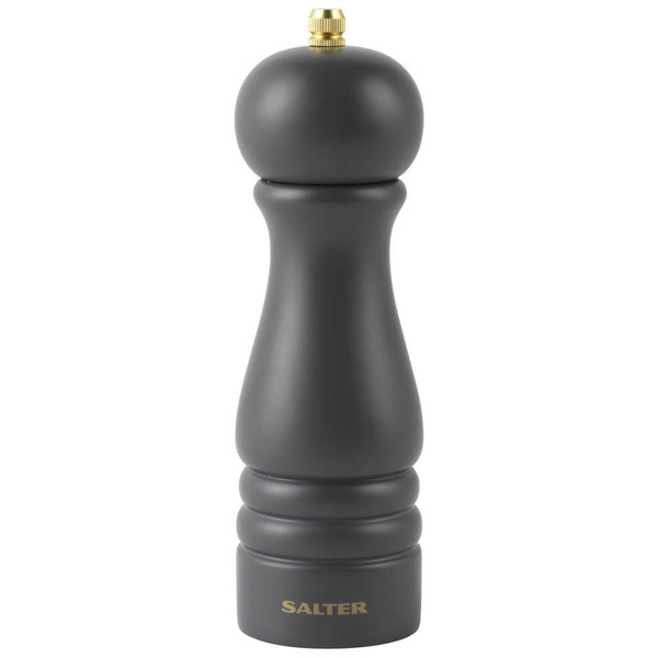 Matte black manual pepper mill with gold knob, Salter logo at base