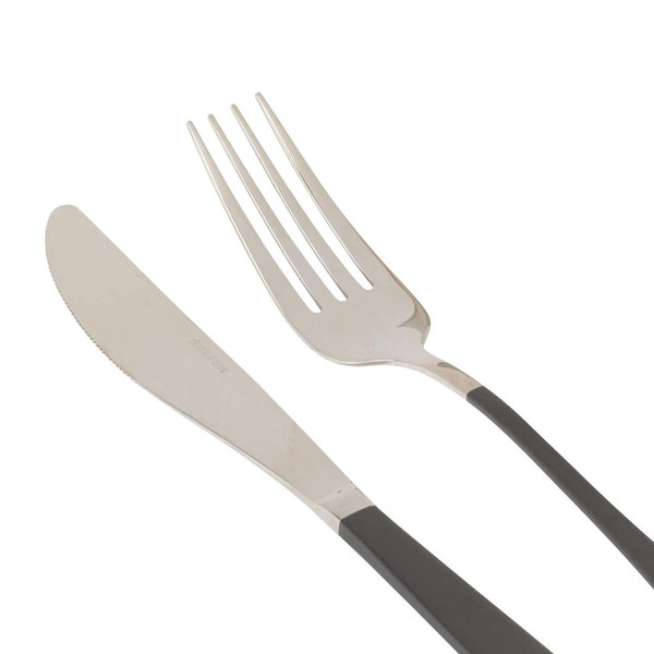 Stainless steel knife and fork with black handles, shown side by side.