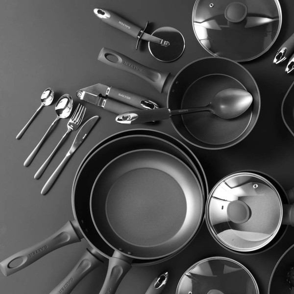 Non-stick cookware set with utensils, black, shown from above