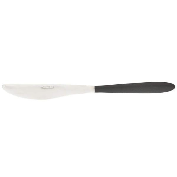 Stainless steel butter knife with black handle shown on white background