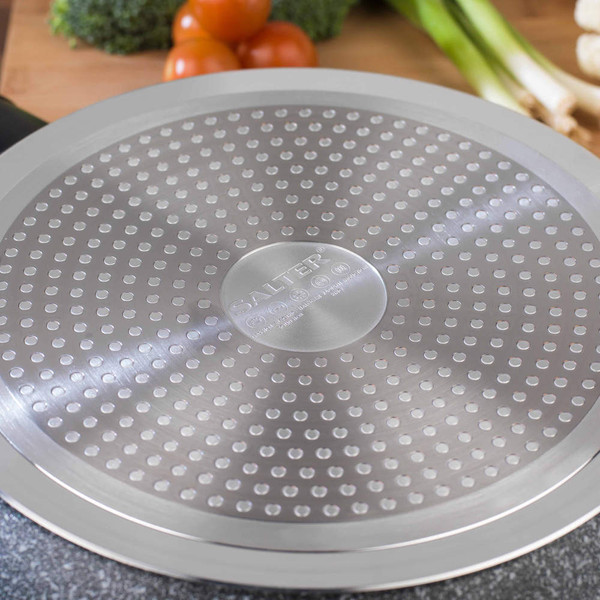 Close up of Salter stainless steel frying pan base showing induction-ready surface.