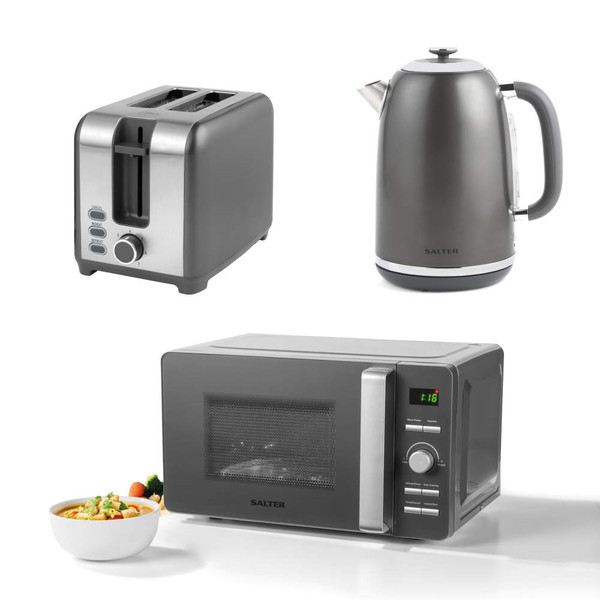 Salter grey microwave, kettle and toaster kitchen set on white background