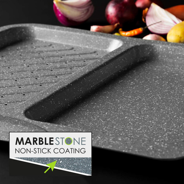 Grey marble stone non-stick oven tray, detail view with onions and chillies in background
