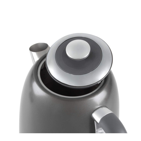 Grey electric kettle detail showing lid and spout, angled top view