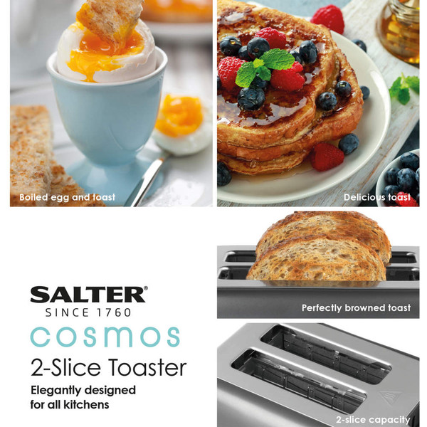 Salter Cosmos 2-slice toaster with images of egg and toast, berry-topped toast, and product features.