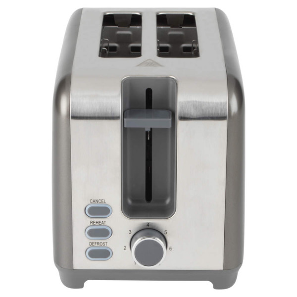 2-slice stainless steel toaster, front view, showing cancel, reheat, and defrost buttons