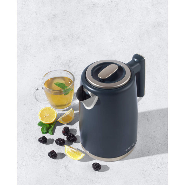 Salter grey electric kettle with cup of herbal tea, lemon slices, mint and blackberries