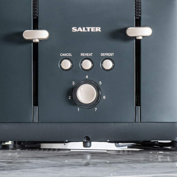 Salter toaster front view showing controls and levers in matte dark finish