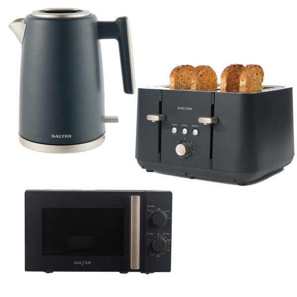 Salter navy kettle, 4-slice toaster with seeded bread, and microwave, on white background