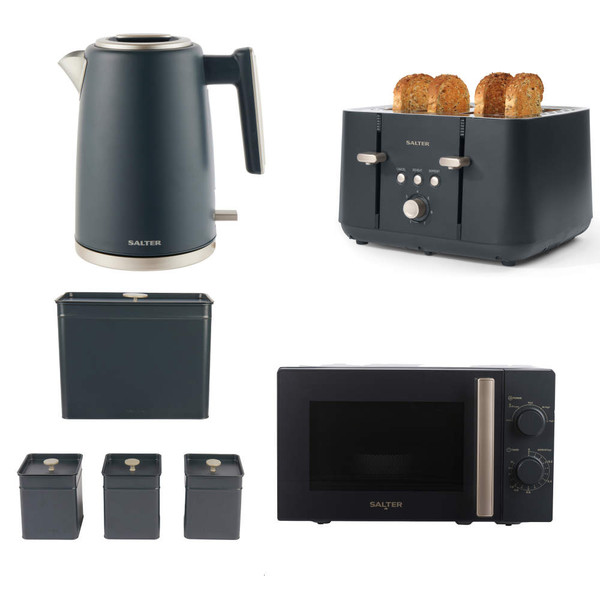 Set of Salter matte dark grey kitchen appliances: kettle, 4-slice toaster, microwave, and storage canisters.