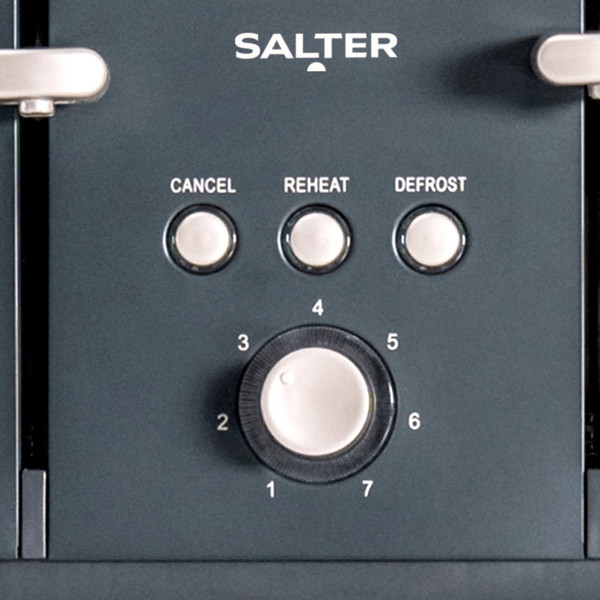 Salter toaster control panel showing cancel, reheat and defrost buttons.