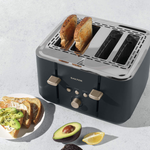 Salter 4-slice grey toaster with toasted bread, avocado toast, and fresh avocado on counter