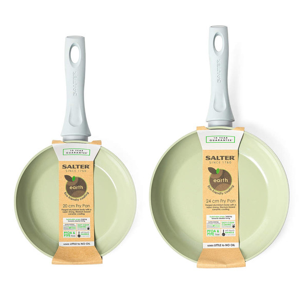Set of two Salter earth eco-friendly fry pans in light green, 20cm and 24cm sizes.