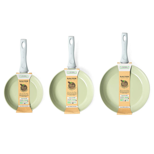 Set of three light green non-stick frying pans with grey handles, 20cm, 24cm and 28cm