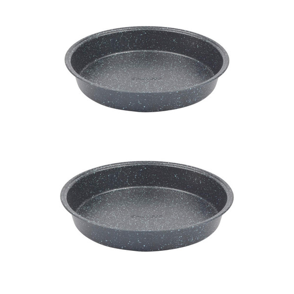 Set of two round non-stick speckled grey baking tins, shown empty, side view