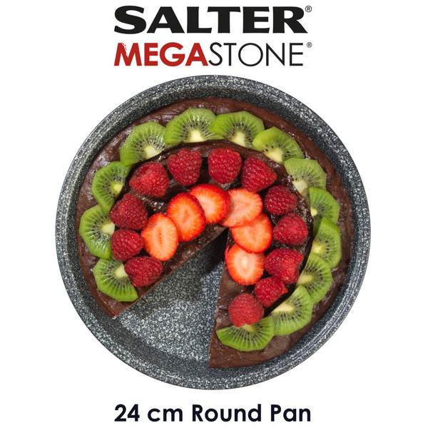 Salter Megastone 24 cm round pan shown with chocolate cake topped with fruit
