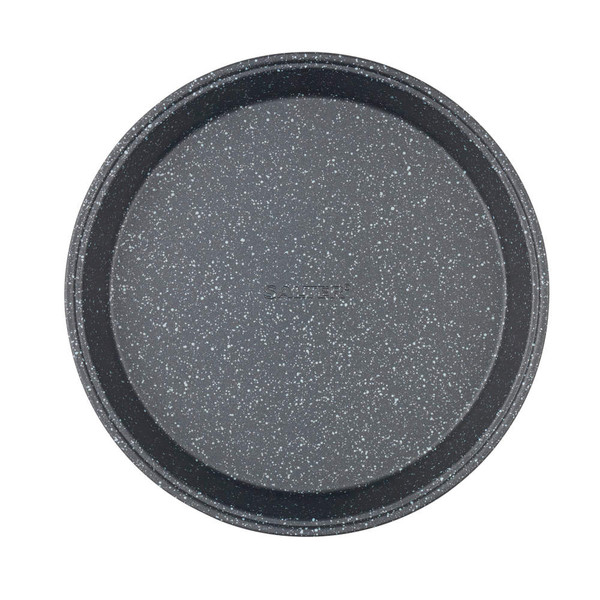 Round grey speckled baking tray, top view