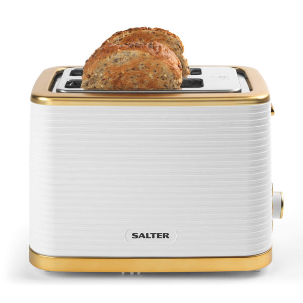 White and gold Salter toaster with two seeded slices of bread, front view.