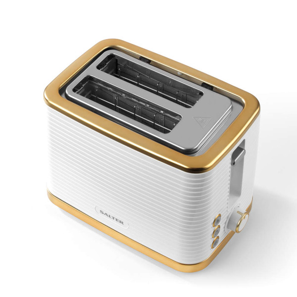 White two-slice toaster with gold trim and side controls, shown from above.