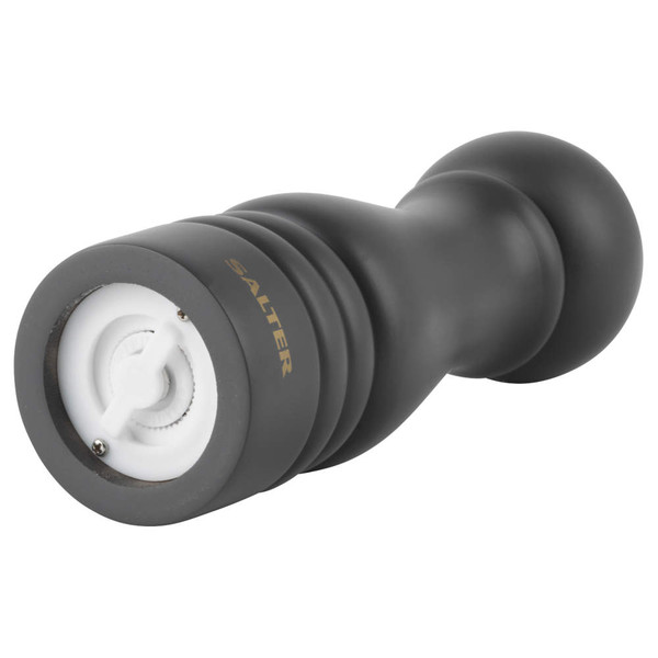 Matte black manual pepper mill with visible Salter logo, shown from grinder end