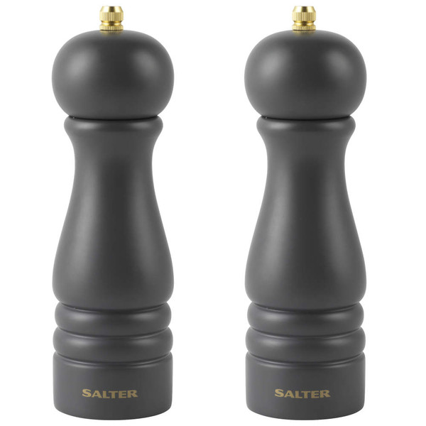 Set of two matte black Salter salt and pepper mills with gold knobs