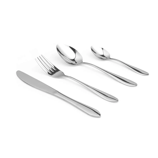 Stainless steel serving fork, four tines, shown on white background