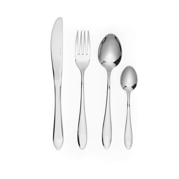 Set of four silver stainless steel cutlery pieces: knife, fork, dessert spoon, teaspoon.